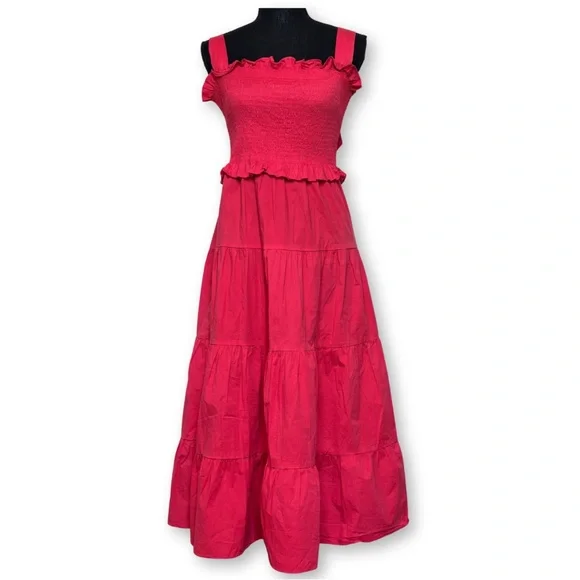 Tuckernuck Alannah Poppy Red Sleeveless Bow Smocked Cotton Midi Dress Size Small - Picture 1 of 8